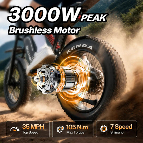 Rugged 3000W Peak Electric Dirt Bike for Adults and Teens up to 35 MPH, rear wheel and motor detail, 20 inch fat tire