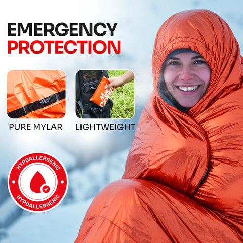 Person wrapped in Emergency Sleeping Bag 1 Pack For Survival Gear Waterproof Mylar Bivy Sack Emergency Blanket.