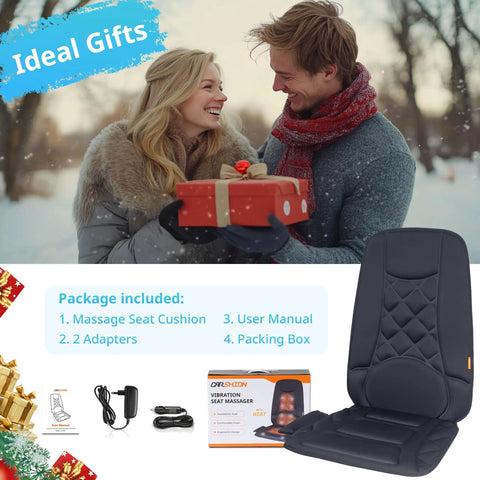 Christmas gift featuring Ten Vibrating Motors Massage Seat Cushion With Heat, back massager for chair with adapters and user manual.
