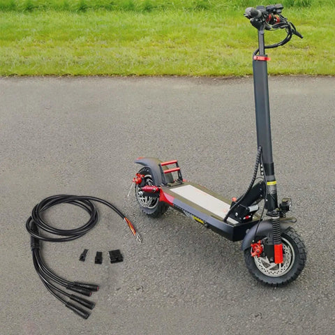 1T4 Controller Cable For Kugoo M4 Electric Scooter And PRO2 10 Inch Motor Data Line Wire Harness 6Pin Dashboard Connector Replacement Part For Easy Install And Reliable Performance shown beside a black and red electric scooter on pavement
