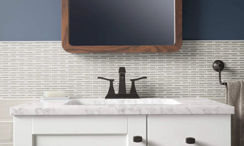 Truss Center Set Lavatory Faucet With Lever Handles Craftsman Inspired Bathroom Tap on marble sink in stylish home bathroom