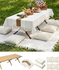 Big Ol Picnic Kit With Folding Table Oversize Boho Blanket Table Runner And Pillow Covers arranged outdoors for camping and weddings