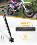 Adjustable Dirt Bike Kickstand With Three Level Height And 15mm Per Level Tilt For Beta RR 2T And XTrainer 250 Racing shown beside bike on trail.