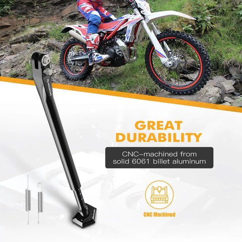 Adjustable Dirt Bike Kickstand With Three Level Height And 15mm Per Level Tilt For Beta RR 2T And XTrainer 250 Racing shown beside bike on trail.