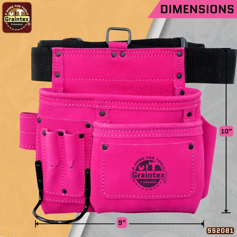 Pink Suede Leather 5 Pocket Tool Belt Bag For Women And Men with adjustable web belt, front view showing pocket layout and brand logo.