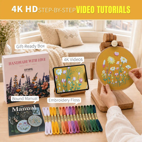 Beginner Embroidery Kit With Two Hoops, Four Floral Patterns, Includes 4K Video Tutorials And 11 Fundamental Stitches setup on table