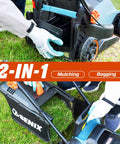 Cordless 20V 13 Inch Lawn Mower With 2 In 1 Mulching And Bagging Five Height Settings From 1 To Two And A Half Inches Powerful 3500 RPM Motor For Quick Yard Work Lightweight Electric Push Mower For Small To Medium Yards with mulching and bagging setup