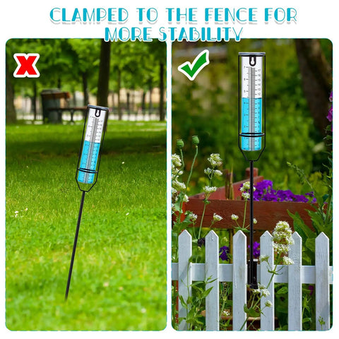 Beefy Clamp On Rain Gauge For Outdoor Use With Large Capacity Clear Scale Rust Proof Metal And Adjustable Height Great For Garden Yard Lawn Patio Farm Fence Rails Rain Meter clamped to fence