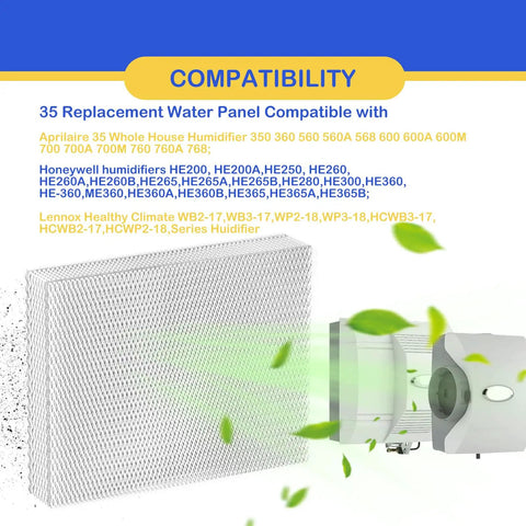 35 Water Panel Humidifier Filter Replacement Fits Aprilaire 35 Series And Honeywell Models, Works With 350 360 560 600 700 760 768 And HC26P 260A 260B 265A 265B, 3 Pack image displaying a white filter with green leaves and compatibility text.