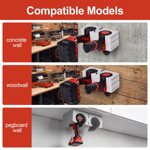 Double Slot Wall Mount Drill Holder For M18 M12 Cordless Drills And Impact Drivers on various wall types