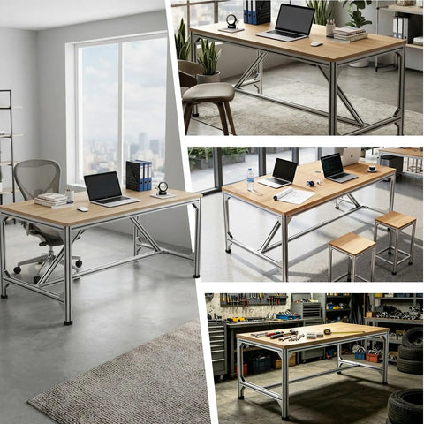 Badass Rock Solid Heavy Duty Aluminum Work Table With Thick Wood Top And Tough Utility Workbench For Garage Workshop Kitchen Prep And Commercial Packing Rack in modern office and garage settings.