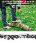 Person using Rope Saw For Tree Limbs 55 Inch Pocket Chainsaw Kit With 70 Teeth And 46 Feet Rope on fallen log