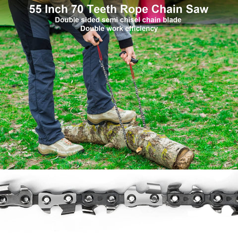 Person using Rope Saw For Tree Limbs 55 Inch Pocket Chainsaw Kit With 70 Teeth And 46 Feet Rope on fallen log