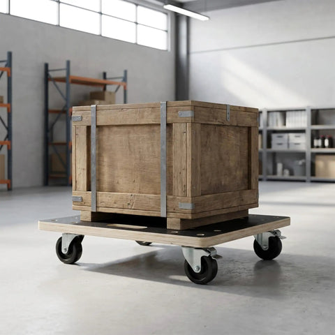 Huge 15 Inch Furniture Dollies With Heavy Duty 1320 Lb Load Capacity Moving Platform For Pianos Safes Fridges Couches And Washing Machines Set Of 2 Smooth Rolling Wood Sliders Easy Transport Black with a wooden crate on top.
