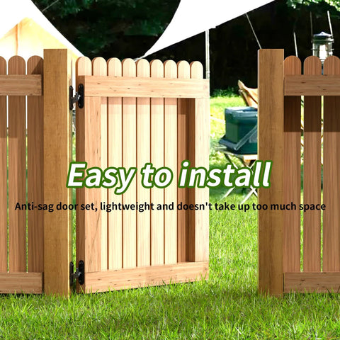 Front view of heavy-duty gate hinges 2-pack on a wooden fence gate; black steel, wall-mount