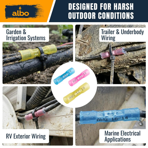 Center close-up of ALBO heat-shrink insulated butt connectors: blue 16-14 AWG, pink 22-16 AWG, yellow 12-10 AWG.