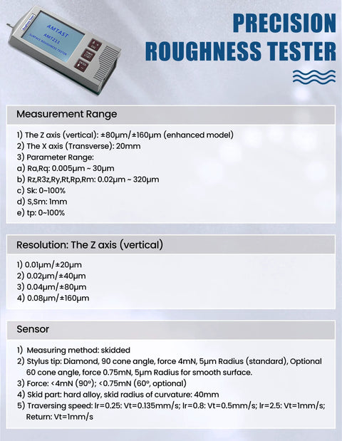 Handheld Digital Surface Roughness Meter With 22 Parameters, Portable Profilometer For Outer Cylinders, Curved Surfaces And Pinholes, Ergonomic Grip, On The Go Roughness Testing For Machined Parts And Finishes