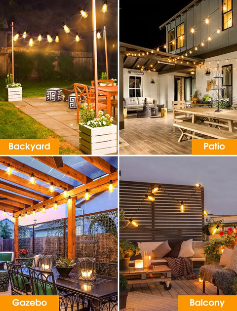 25 Ft Outdoor String Lights For Patio And Garden, Dimmable, Weatherproof, Shatterproof ST38 Edison Bulbs in backyard, patio, gazebo, balcony