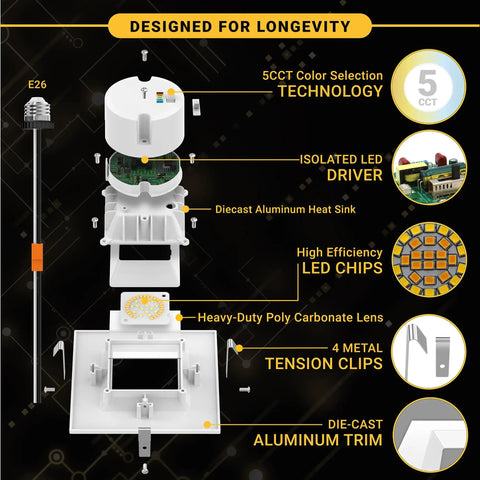 Exploded view of 4 Pack 4 Inch Square LED Recessed Retrofit Lights With 5 CCTs 2700K 3000K 3500K 4000K 5000K 750 Lumens 11W Dimmable Wet Rated Ceiling Can Lights DIY Friendly White Square Trim ETL Listed