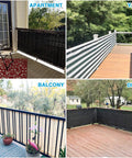 Outdoor Balcony Privacy Screen 2.5 Ft By 15 Ft Railing Cover With 30 Inch Mesh Panels And Zip Ties, installed on various railings.