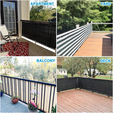 Outdoor Balcony Privacy Screen 2.5 Ft By 15 Ft Railing Cover With 30 Inch Mesh Panels And Zip Ties, installed on various railings.