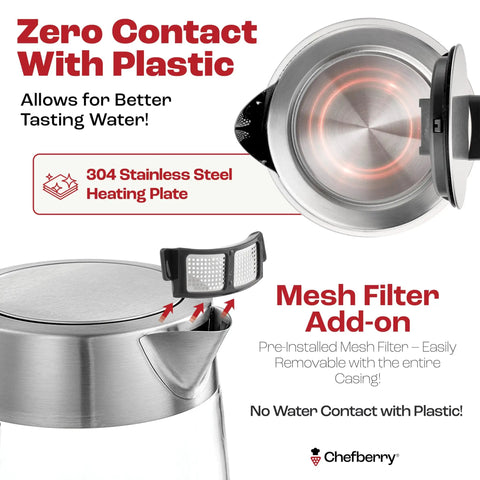 Close-up of 1.7L Electric Kettle with Borosilicate Glass Body, Stainless Steel Water Path, no plastic in spout or filter, mesh filter add-on.