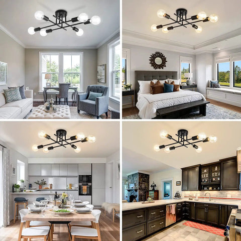 6 Lights Semi Flush Mount Modern Ceiling Light Fixture with Industrial Black Metal Sputnik Chandelier in various home settings