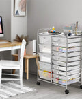 Rolling 15 Drawer Utility Cart For Tools Crafts And Office Beefy Heavy Duty Chrome Storage Organizer On Wheels With Locking Casters