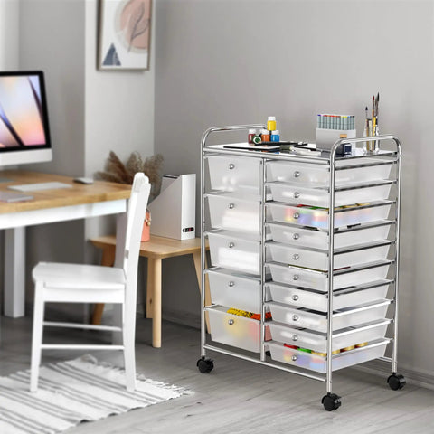 Rolling 15 Drawer Utility Cart For Tools Crafts And Office Beefy Heavy Duty Chrome Storage Organizer On Wheels With Locking Casters