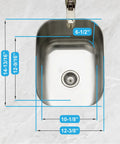 Top view of Stainless Steel Kitchen Bar And Prep Sink, 10 Inch Undermount With Strainer, Built To Last, showing measurements.