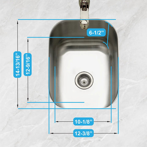 Top view of Stainless Steel Kitchen Bar And Prep Sink, 10 Inch Undermount With Strainer, Built To Last, showing measurements.