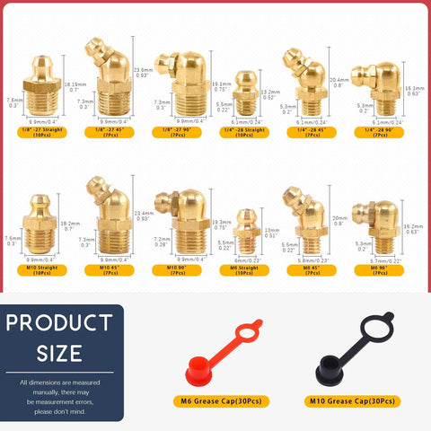 Hydraulic Zerk Fittings Kit With Caps, 156 Pcs SAE And Metric Grease Fittings, Heavy Duty Brass Construction display.