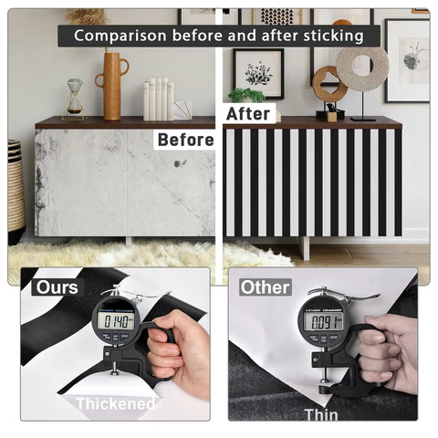 Comparison of before and after using Black And White Striped Peel And Stick Wallpaper For Cabinets And Walls Self Adhesive Removable Waterproof Vinyl 118 Inches Long 18 Inches Wide Modern Decorative Cover For Kitchen Bedroom Bathroom showing thickness