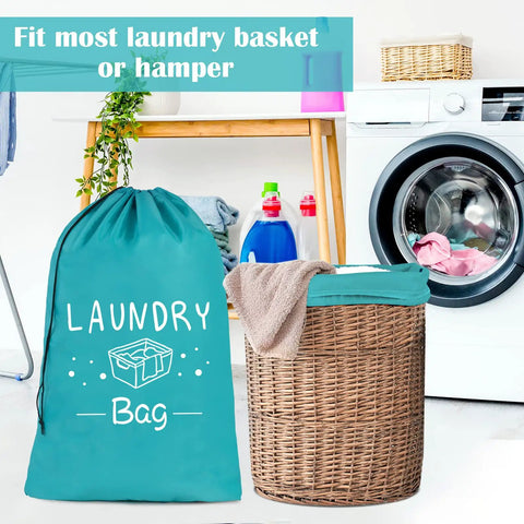 Two Pack Extra Large Travel Laundry Bags For Dirty Clothes, Heavy Duty Drawstring Organizers With Durable Nylon beside laundry basket