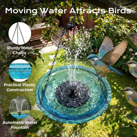 Hanging Bird Bath Fountain With Glass Bowl, USB Powered Cascading Water Feature for garden decor attracting hummingbirds