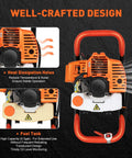 Gas Powered 52cc Earth Auger Post Hole Digger with orange design, showing heat dissipation holes and fuel tank description for durability.