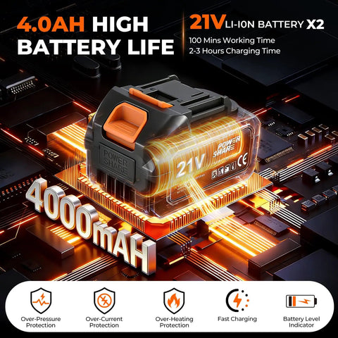 21V 4000mAh battery for Cordless Electric Tiller Cultivator With 21V Battery, Dual 4.0Ah Pack, showing features on circuit board