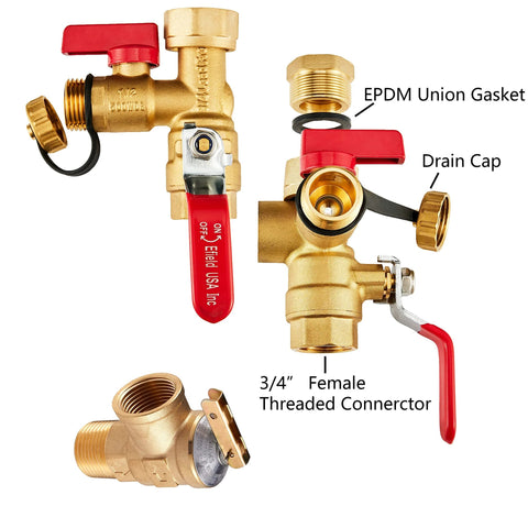 Brass 3/4 in IPS tankless water heater service valve kit with pressure relief valve and red lever handles
