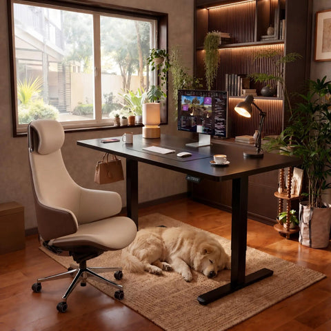 55 By 24 Inch Electric Height Adjustable Standing Desk For Home Office With Memory Preset And T Shaped Metal Bracket Big Sit Stand Computer Desk Black in modern office setup with chair and dog