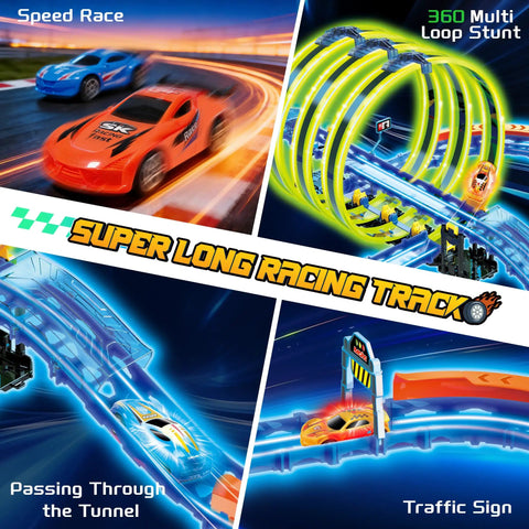 Slot Car Race Track Set With Glow In The Dark Tracks, 71 Pieces, USB Rechargeable Light Up Car, 360 Degree Triple Loops
