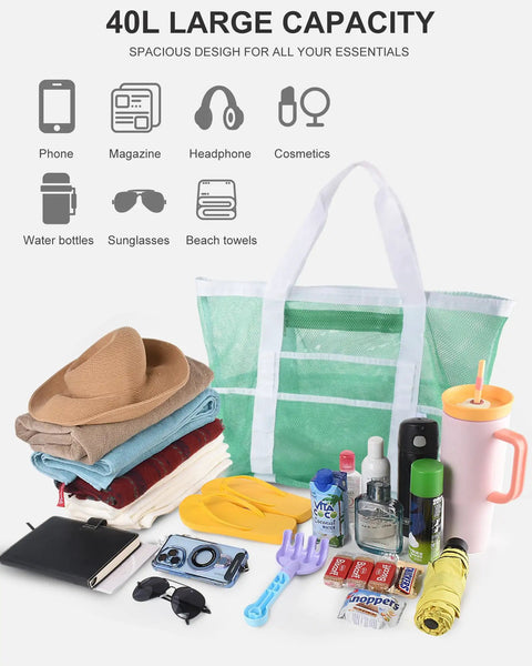 40L Mesh Beach Tote Bag With Sandproof Quick Dry Mesh And Waterproof Pocket Foldable For Family Getaways And Pool Days Holds Towels Snacks And Gear For Everyday Outdoor Fun, shown with items like towels, sunglasses, and water bottle.