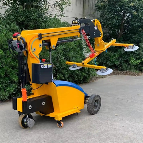 Electric Hydraulic Robot Glass Lifter With Kickass Suction Grips For Heavy Marble Slabs And Big Glass Panels, yellow design, mobile with suction cups.