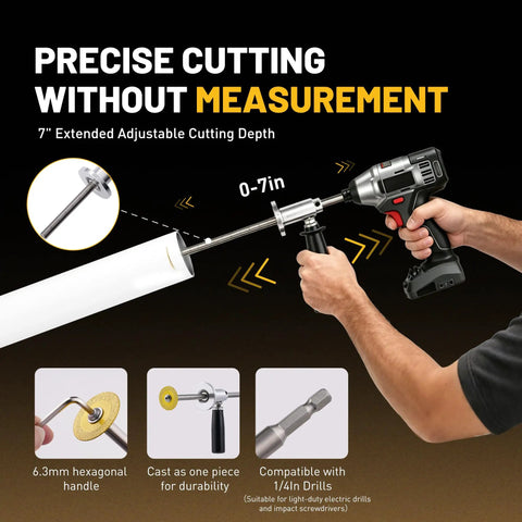 Pipe Cutter Tool With Diamond Grit Wheel And Handle For Inside Pipes Heavy Duty Pro Grade Stainless Steel Plumbing Hose Cutter For PVC ABS And Plastic Drill Use Half Inch To Eight Inch Pipes Seven Inch Adjustable Cutting Depth with drill.
