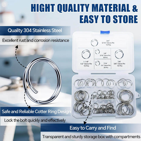 70 Piece Stainless Steel Cotter Ring Kit With Five Sizes For Marine Use in storage box, rust resistant hardware.