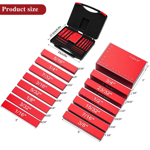 Pro Grade Setup Blocks Height Gauge Set With 15 Solid Aluminum Router Table Fence Bars in storage case with size markings