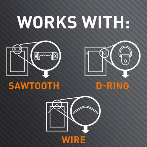 Diagram showing Heavy Duty Drywall Picture Hanger that holds up to 65 pounds, works with sawtooth, D-ring, and wire mounts.