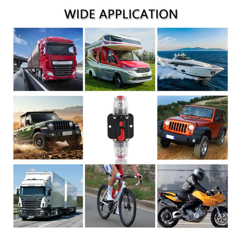 Wide application collage showing 30 Amp Inline DC Breaker With Manual Reset And Auto Trip for various vehicles and solar systems.