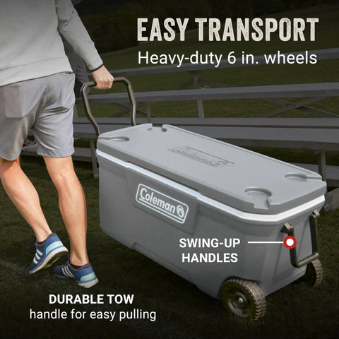 Side view of Insulated Rolling Cooler With Wheels That Keeps Ice For Days, Leak-Resistant Hard Ice Chest, 100-Quart Capacity