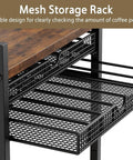 Rustic Brown Four Tier Coffee Cart With Smooth Locking Casters And Deep Pod Tray showing mesh storage rack for coffee pods.