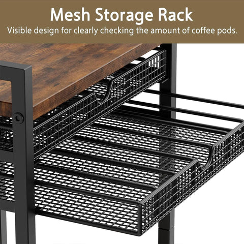 Rustic Brown Four Tier Coffee Cart With Smooth Locking Casters And Deep Pod Tray showing mesh storage rack for coffee pods.
